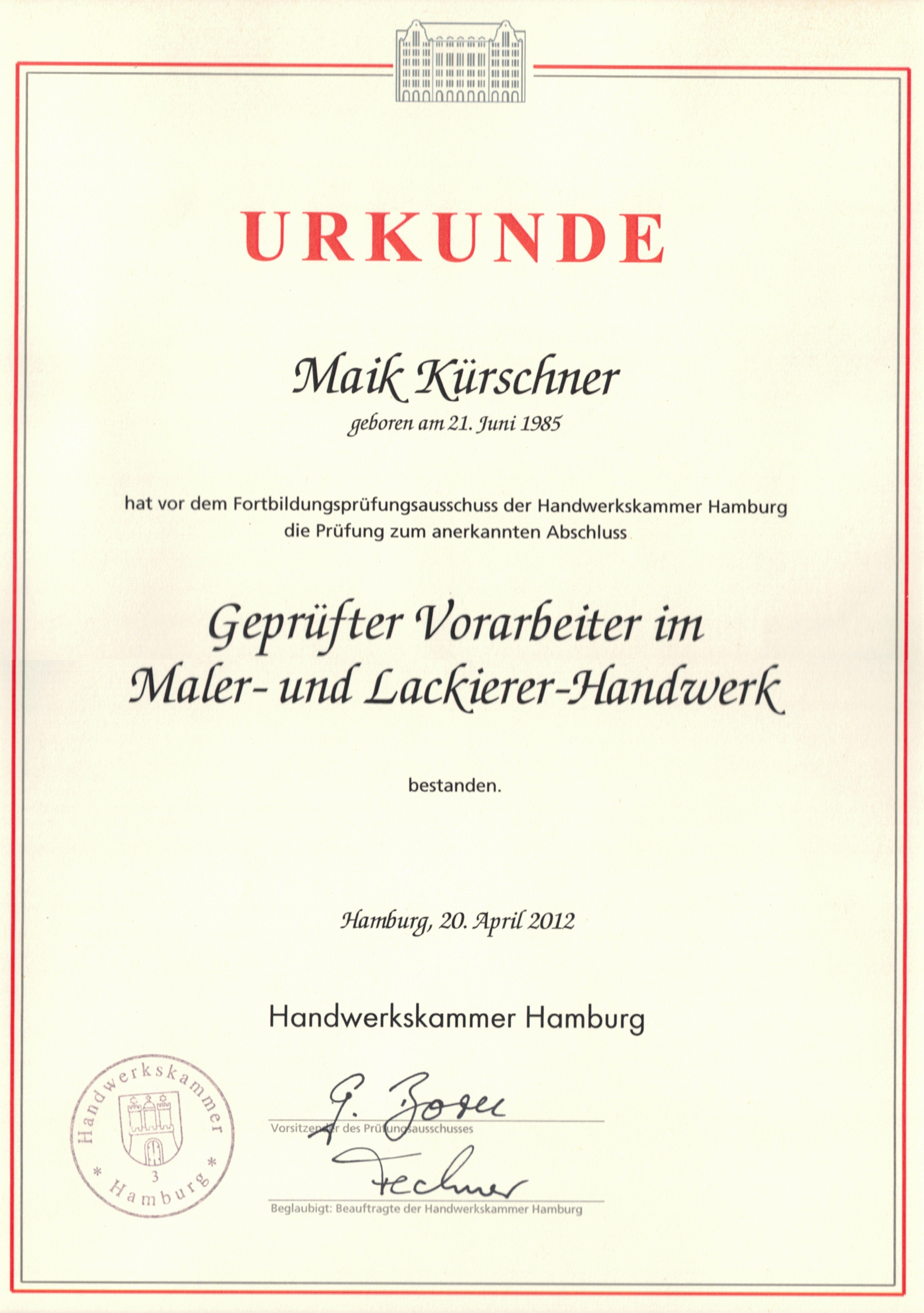 maler-wedel-hamburg-urkunde-maik-kirschner